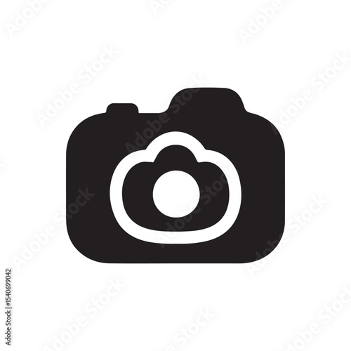 A black camera icon with a white cloud shaped lens on a white background in a minimalist style