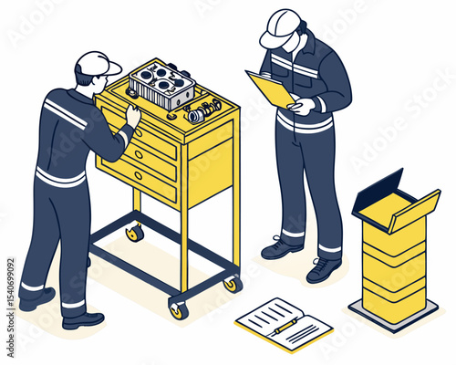 Isometric cartoon illustration of two mechanics working on a car engine in a well-equipped workshop surrounded by tools and components.