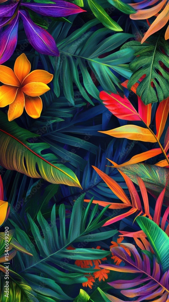 Naklejka premium Flowers and foliage background. Tropical leaves and colorful flowers on dark foliage nature background.