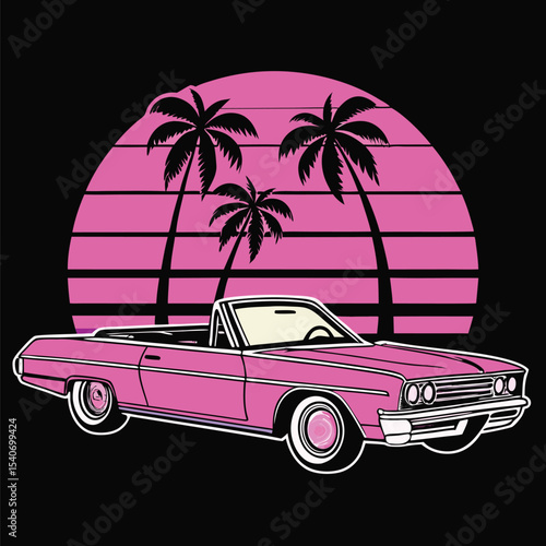 Pink classic convertible car stands silhouetted against retro palms and sun on black