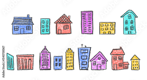 Set of colorful pastel buildings for children, featuring wax and charcoal squiggle crayon textures. Ideal for ecology, kindergarten, school or neighborhood-themed art projects. Vector illustration