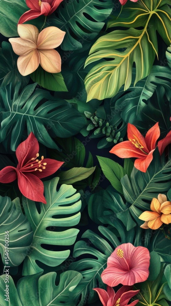 Naklejka premium Flowers and foliage background. Tropical leaves and colorful flowers on dark foliage nature background.