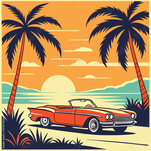 Wallpaper Mural Vibrant orange convertible rests near the coast amid silhouetted palm trees against a sunset Torontodigital.ca
