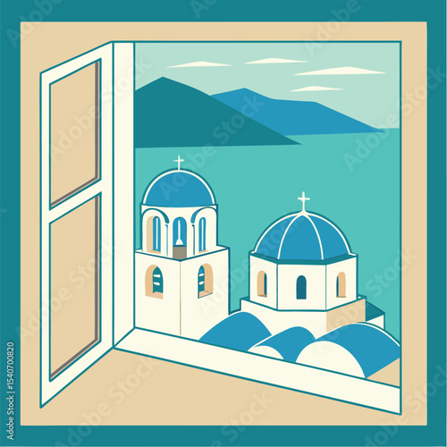 Open window reveals the beautiful churches with blue domes and mountain views on a sunny day