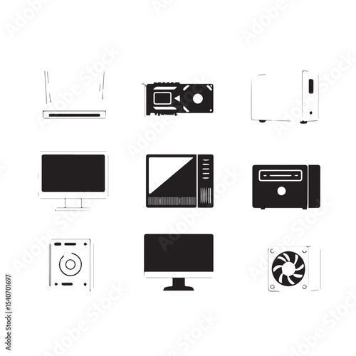 Black and White Computer Components Illustration Router Graphics Card Tower Monitor and Cooling Fan
