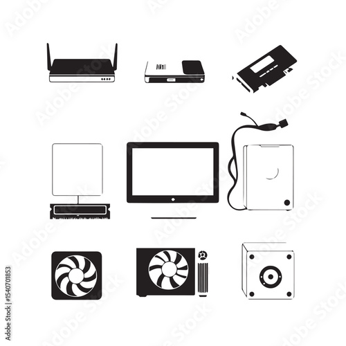 Black and White Computer Hardware Components Illustration Featuring a Router Monitor and Graphics Card