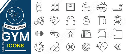 Gym and fitness icon vector set collection. GYM icons, Fitness icon set collection. Fitness, Gym line icon. Sports equipment, healthy lifestyle, exercises, body care line icons.