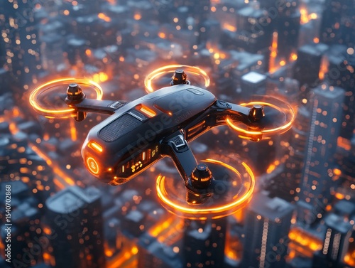 Hovering Drone with Glowing Orange Interface in Urban Setting