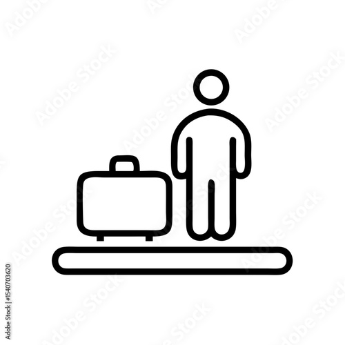 Person waiting for luggage at baggage claim area.  Passenger stands patiently near conveyor belt, awaiting suitcase arrival.  Simple baggage claim icon design, perfect for travel app or website.