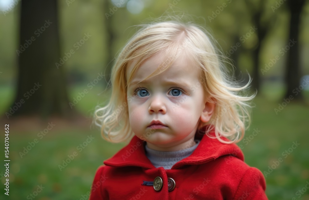 Serious baby girl in red coat close-up portrait outdoor. Caucasian blond child with blue eyes looks at viewer. Little girl with serious expression in park. Serious baby girl in red coat close-up portrait outdoor. Caucasian blond child with blue eyes looks at viewer. Little girl with serious expression in park.