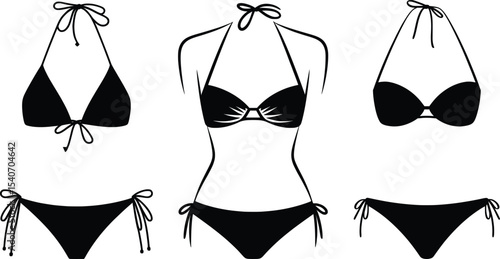 Bikini Vector Set, Swimwear Line Art with Female Silhouette Illustration.