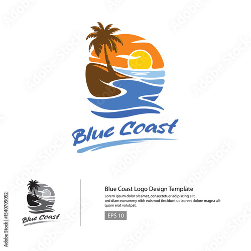 Blue Coast as a Beach logo design with coconut tree, and blue wave - vector.