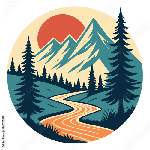 River flows beneath mountains and sun amongst silhouette trees in this outdoor circle art