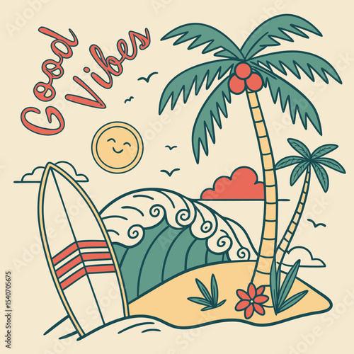 Vector Beach good vibes. Enjoy beach life. Sunshine paradise graphic print design