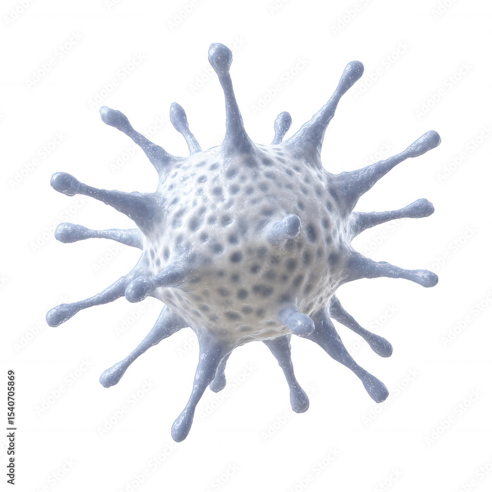 Fototapeta premium A detailed depiction of a virus model with protruding spikes, showcasing its complex structure against a white isolated background.