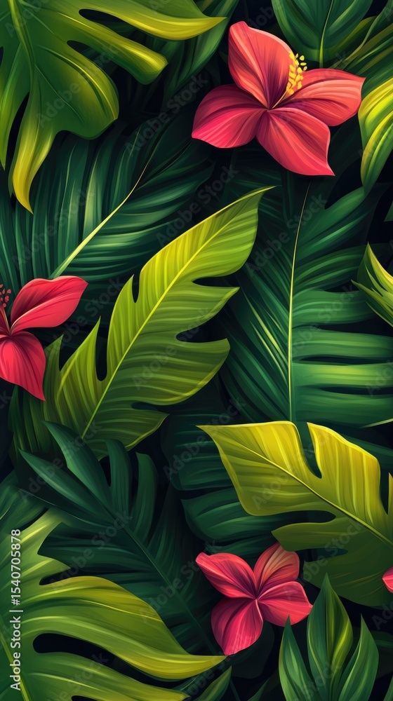 Naklejka premium Flowers and foliage background. Tropical leaves and colorful flowers on dark foliage nature background.