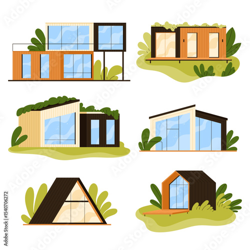Set of modern modular houses. Compact eco-friendly cabins or container homes with large windows, green roofs, and wooden paneling. Tiny house concept. Flat vector illustration in cartoon style