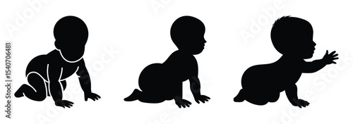 Silhouettes of crawling babies in various poses, great for early development illustrations or educational materials.