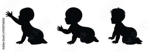 Silhouettes of crawling babies in various poses, great for early development illustrations or educational materials.