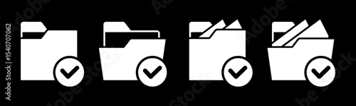 Close and open folders documents icons vector illustration set. In black and white version. Folder with check mark icon and symbol.