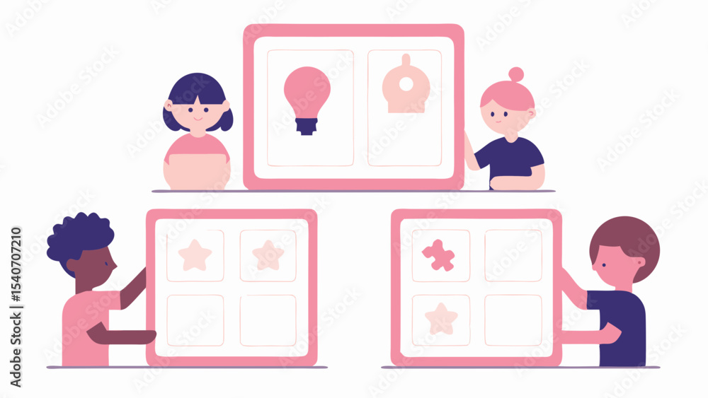 Children playing memory matching game with lightbulb donut star and puzzle piece illustrations shown Children playing memory matching game with lightbulb donut star and puzzle piece illustrations shown