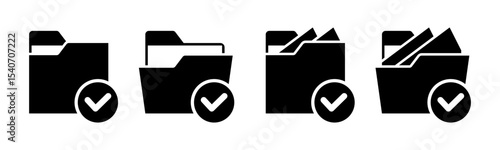 Close and open folders documents icons vector illustration set. In black and white version. Folder with check mark icon and symbol.