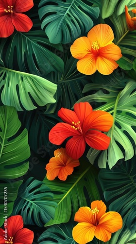 Wallpaper Mural Flowers and foliage background. Tropical leaves and colorful flowers on dark foliage nature background. Torontodigital.ca