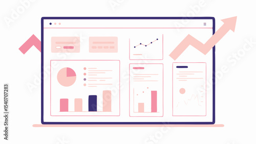 Illustration of a dashboard interface with various charts and graphs showing positive growth trend data