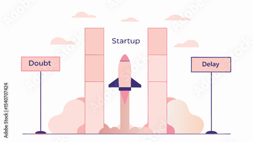 Startup rocket launching between building blocks with doubt and delay signs on the sides in illustration