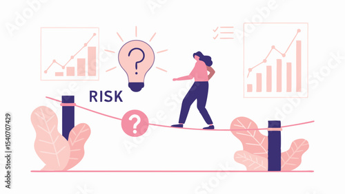 Woman walks on tightrope between risk with question mark lightbulb and charts on a white background