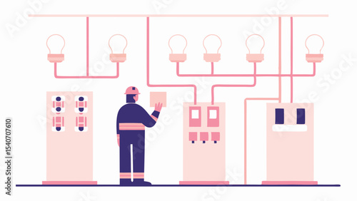 Electrician working on electrical panel with light bulbs and wiring in a minimalist style design