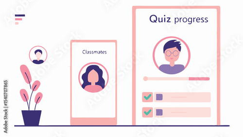 Illustration showing two mobile interfaces with quiz progress and classmates with a potted plant near by
