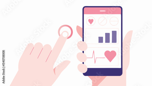 Hand touching a mobile phone screen displaying health data and heart rate monitoring information app view