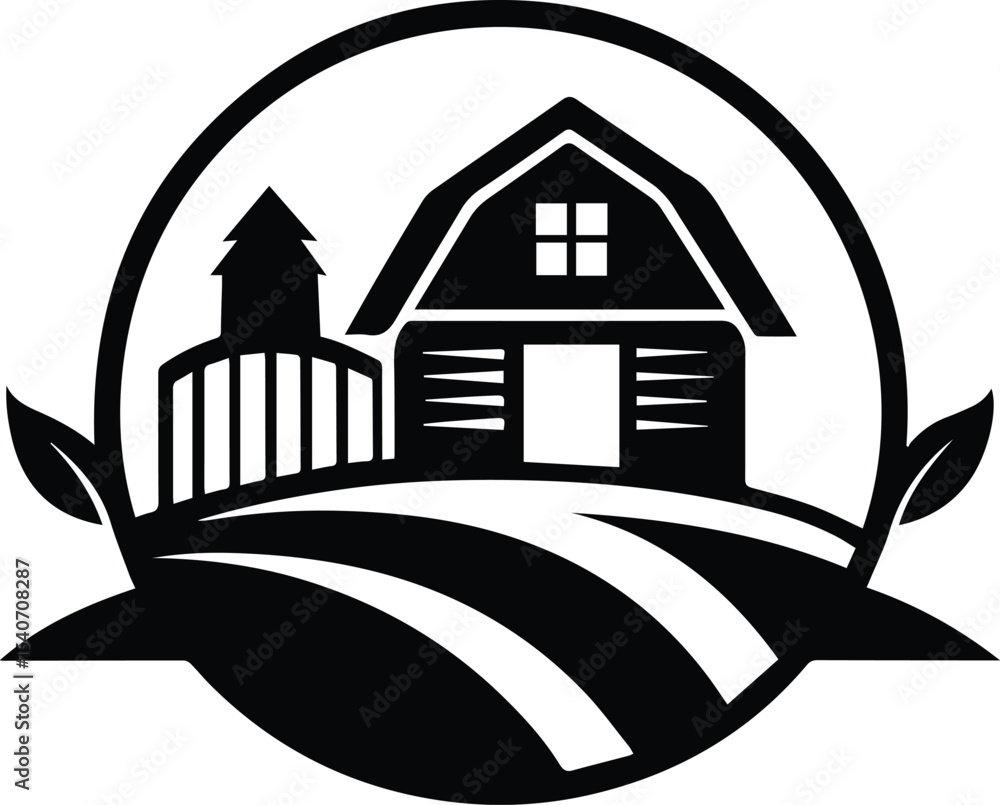 Fototapeta premium Vintage Farmhouse Logo Vector Silhouette Design, Farm house logo, house icon vector, Countryside Barn Silhouette, Agricultural Farm Icon, Rustic Barn Farm Field, House in the forest logo vector.