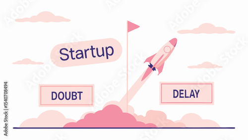 Illustration of a startup rocket overcoming obstacles like doubt and delay on its journey to success