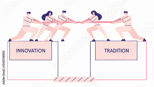 Illustration of a tug of war between innovation and tradition with people pulling a rope on boxes