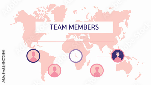 Team members connected across a world map with a clock indicating different time zones and collaboration