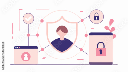 Illustration showing user security and data protection with shield and locked devices on white background