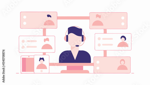Illustration of a customer service representative surrounded by connected user profiles online