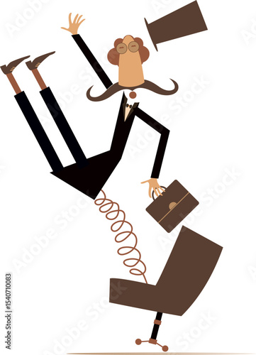 Out of job. Business concept illustration. 
Scared long mustache man in the top hat has been pushed out from the armchair by spring
