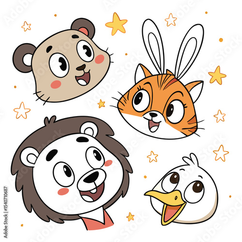 Cute Cartoon Animal Faces with Stars on a White Background Illustration
