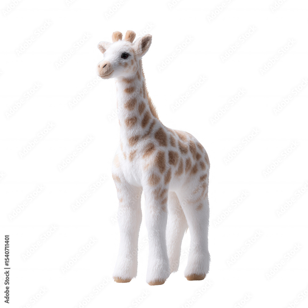 Naklejka premium A soft and cute toy giraffe with distinct spots, designed for children. Perfect for decoration or play, showcasing a friendly expression and realistic features.