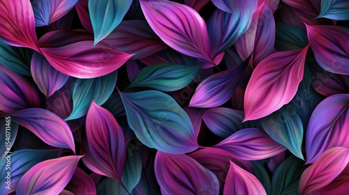Flowers and foliage background. Tropical leaves and colorful flowers on dark foliage nature background.