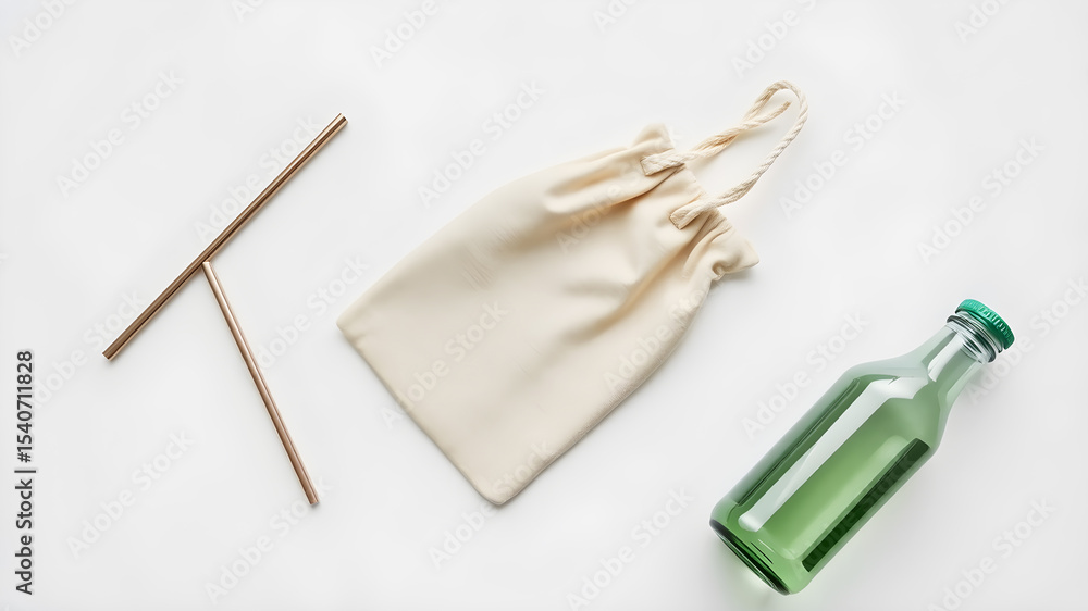 Naklejka premium Reusable items like metal straw, cloth bag, and glass bottle arranged neatly, top-down view on white backdrop, promoting eco-friendly living