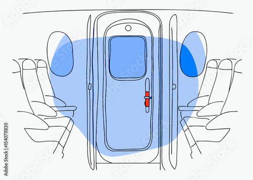 Airplane emergency exit door illustration, safety instructions, for travel guides