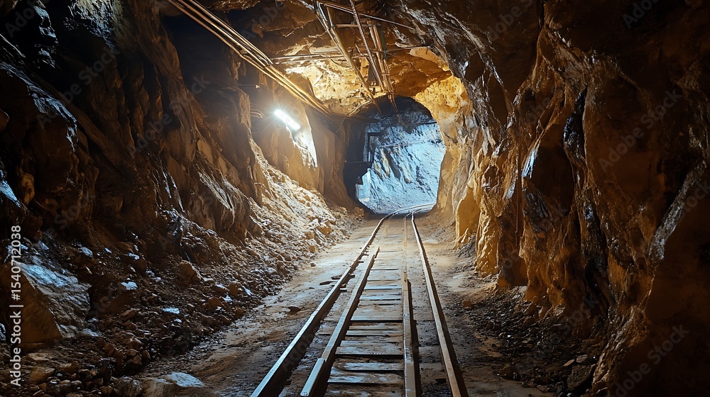 Naklejka premium Rails disappearing into the depths of a mining tunnel