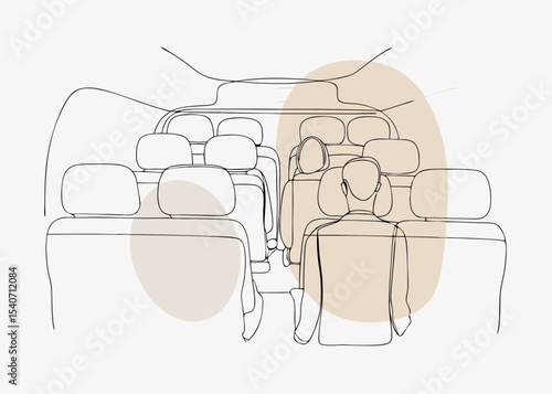 Passengers seated in airplane cabin, minimalist line art, neutral tones, for travel brochures