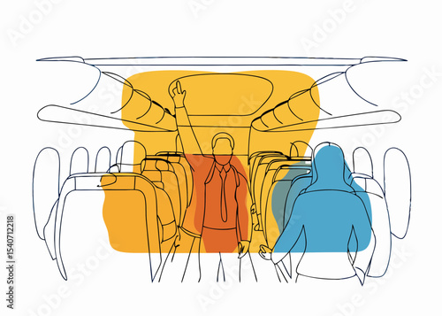 Airplane cabin safety demonstration, illustrated with copy space