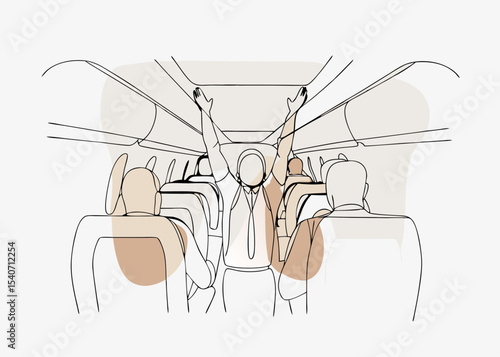 Flight attendant demonstrating safety procedures, in-flight instructions, minimal line art, beige tones, for travel brochures