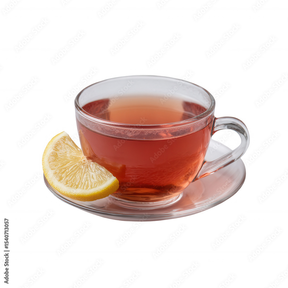 A transparent glass cup filled with steaming hot tea, garnished with a slice of fresh lemon. The cup sits on a matching saucer, creating an inviting atmosphere for tea lovers. A transparent glass cup filled with steaming hot tea, garnished with a slice of fresh lemon. The cup sits on a matching saucer, creating an inviting atmosphere for tea lovers.
